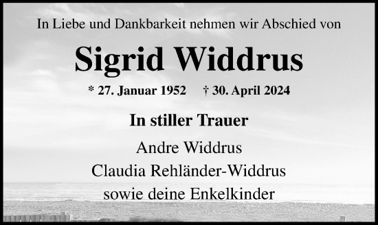 Traueranzeige von Sigrid Widdrus von Ostsee-Zeitung GmbH