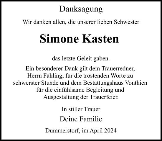 Traueranzeige von Simone Kasten von Ostsee-Zeitung GmbH