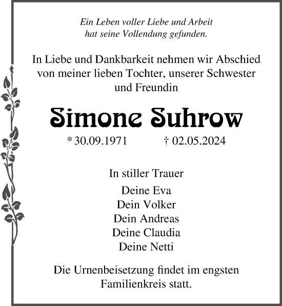 Traueranzeige von Simone Suhrow von Ostsee-Zeitung GmbH