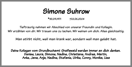 Traueranzeige von Simone Suhrow von Ostsee-Zeitung GmbH