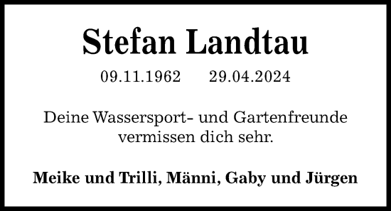 Traueranzeige von Stefan Landtau von Kieler Nachrichten