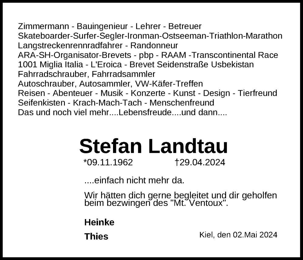  Traueranzeige für Stefan Landtau vom 04.05.2024 aus Kieler Nachrichten