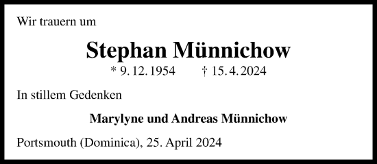 Traueranzeige von Stephan Münnichow von Hannoversche Allgemeine Zeitung/Neue Presse