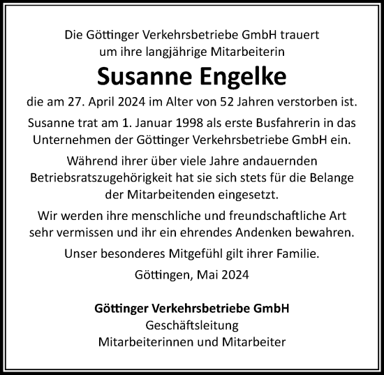 Traueranzeige von Susanne Engelke von Göttinger Tageblatt