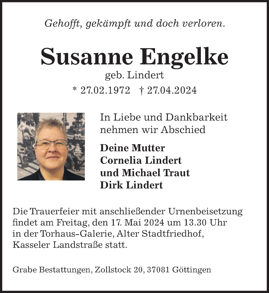 Traueranzeige für Susanne Engelke vom 04.05.2024 aus Göttinger Tageblatt
