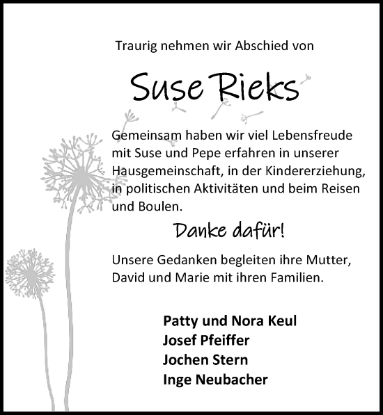 Traueranzeige von Suse Rieks von Göttinger Tageblatt