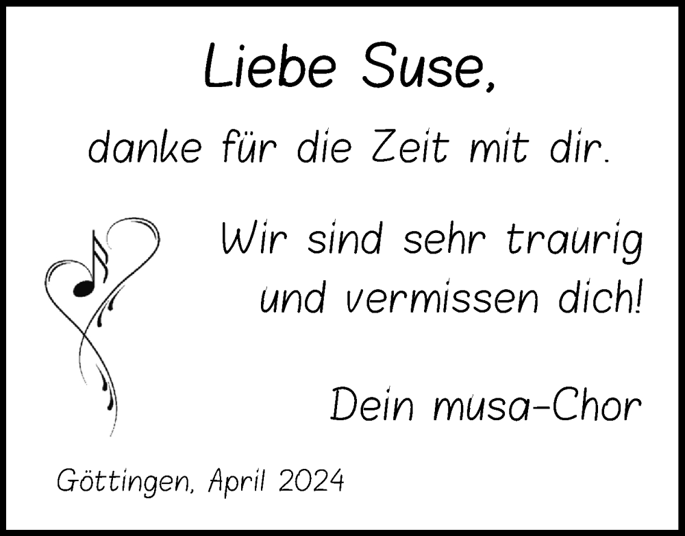  Traueranzeige für Suse Rieks vom 04.05.2024 aus Göttinger Tageblatt