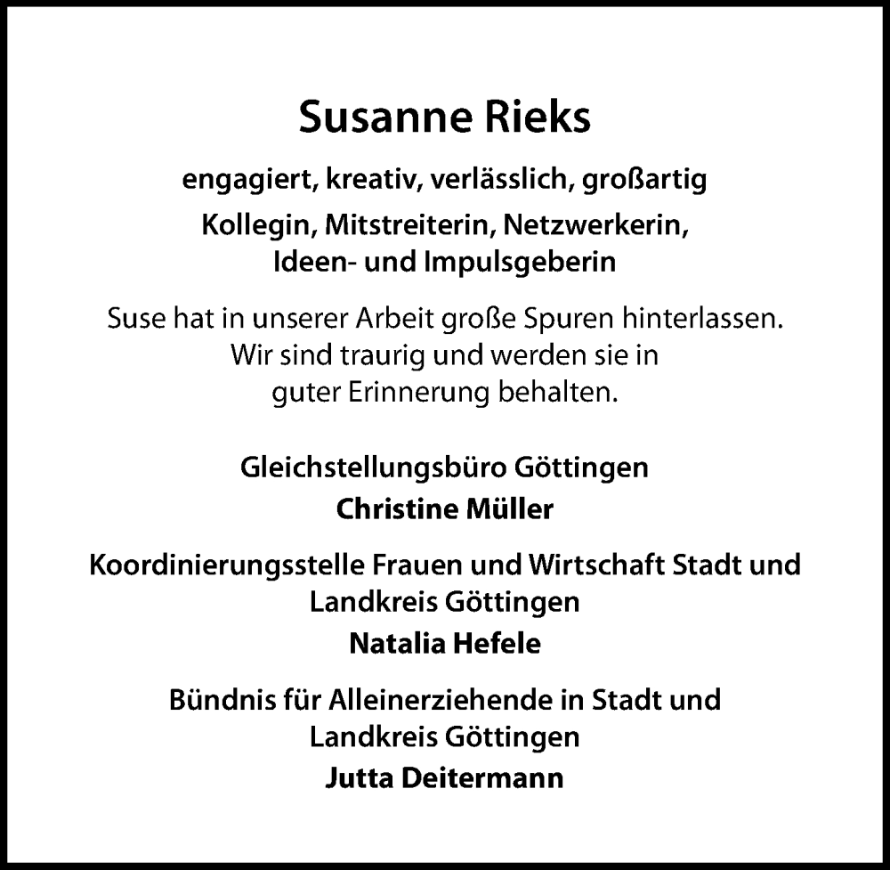 Traueranzeige für Suse Rieks vom 04.05.2024 aus Göttinger Tageblatt
