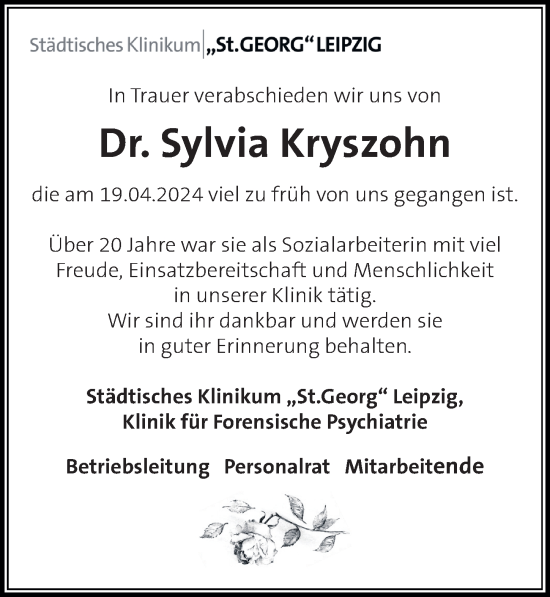 Traueranzeige von Sylvia Kryszohn von Leipziger Volkszeitung