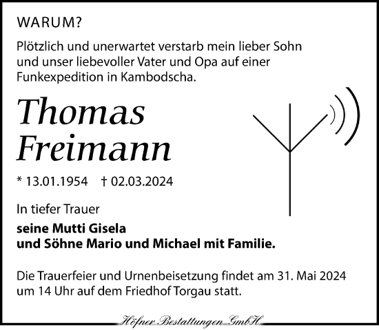 Traueranzeige von Thomas Freimann von Torgauer Zeitung