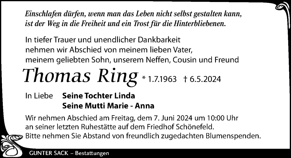  Traueranzeige für Thomas Ring vom 25.05.2024 aus Leipziger Volkszeitung