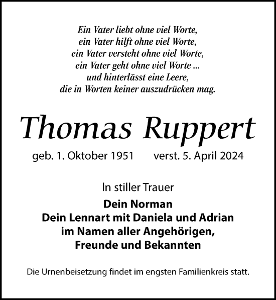 Traueranzeige von Thomas Ruppert von Leipziger Volkszeitung