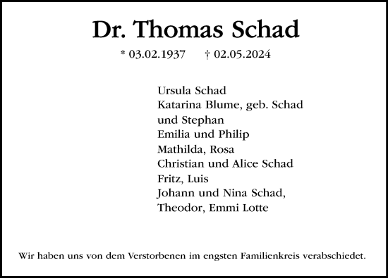 Traueranzeige von Thomas Schad von Lübecker Nachrichten