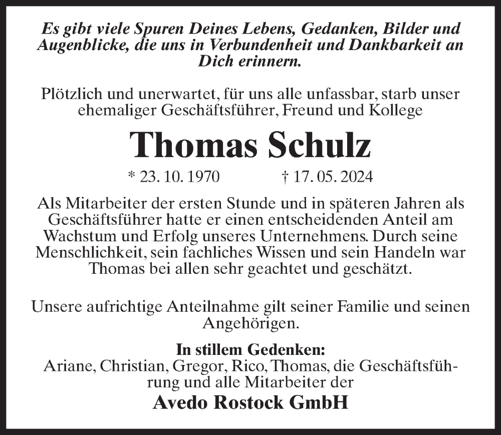  Traueranzeige für Thomas Schulz vom 25.05.2024 aus Ostsee-Zeitung GmbH