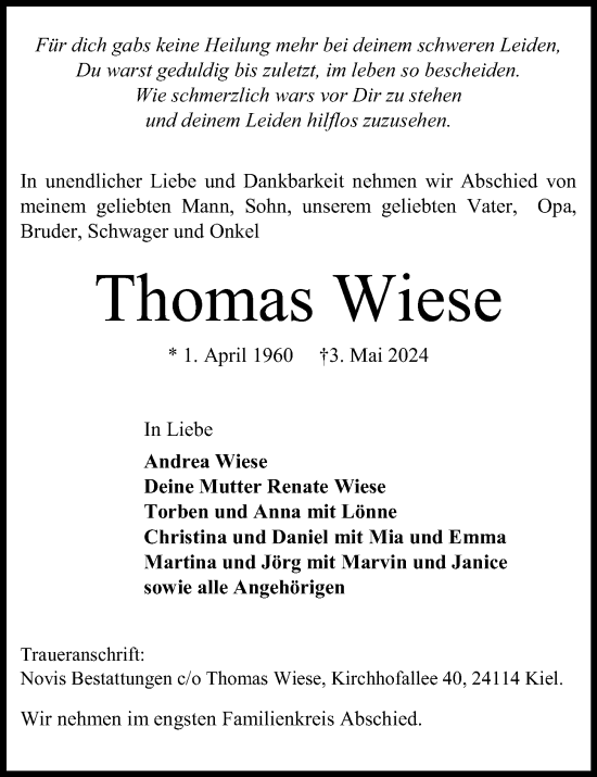 Traueranzeige von Thomas Wiese von Kieler Nachrichten