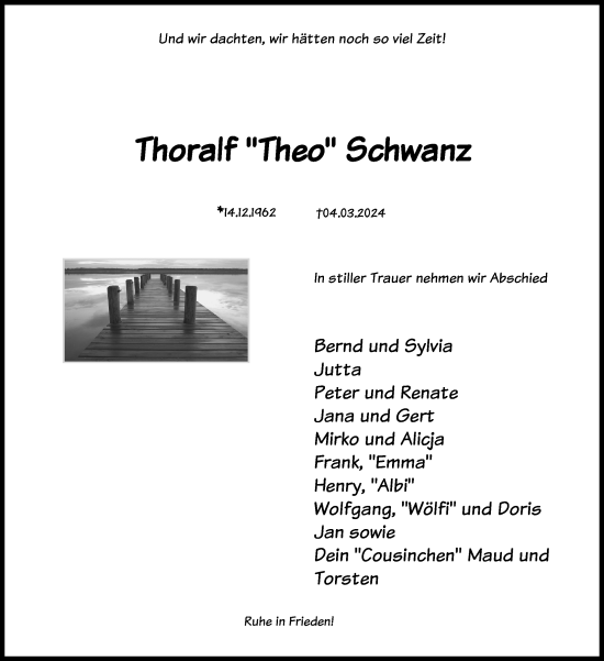 Traueranzeige von Thoralf  Schwanz von Ostsee-Zeitung GmbH