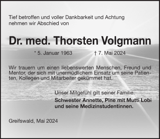 Traueranzeige von Thorsten Volgmann von Ostsee-Zeitung GmbH