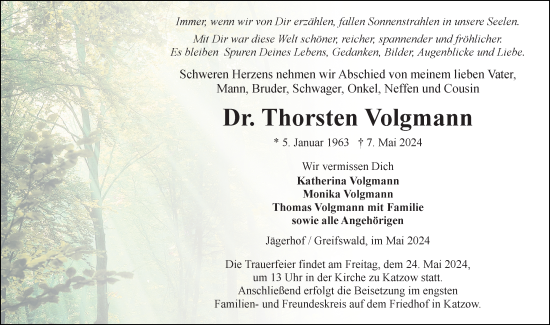 Traueranzeige von Thorsten Volgmann von Ostsee-Zeitung GmbH