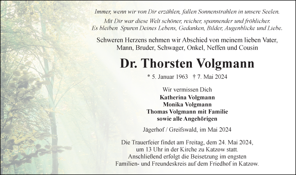  Traueranzeige für Thorsten Volgmann vom 18.05.2024 aus Ostsee-Zeitung GmbH