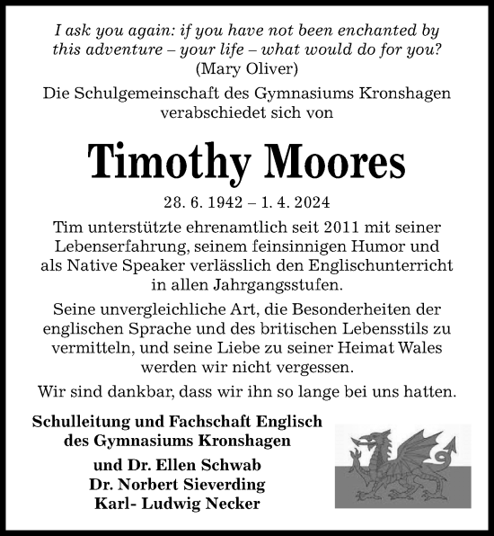 Traueranzeige von Timothy Moores von Kieler Nachrichten