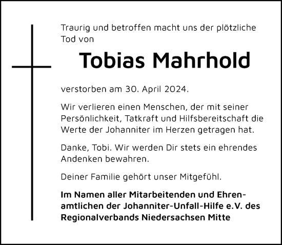 Traueranzeige von Tobias Mahrhold von Hannoversche Allgemeine Zeitung/Neue Presse