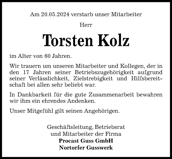 Traueranzeige von Torsten Kolz von Kieler Nachrichten