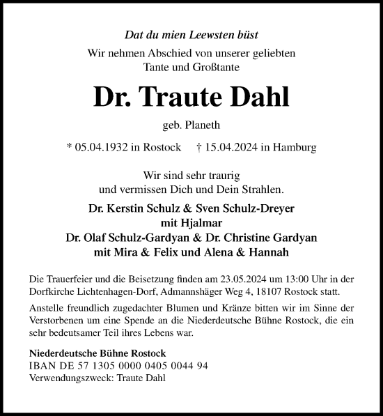Traueranzeige von Traute Dahl von Ostsee-Zeitung GmbH