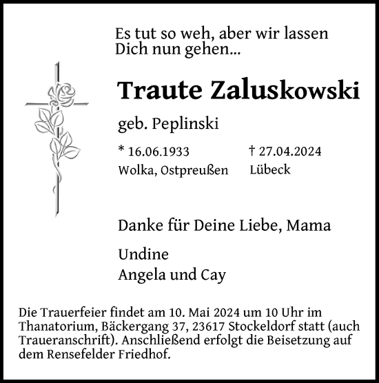 Traueranzeige von Traute Zaluskowski von Lübecker Nachrichten