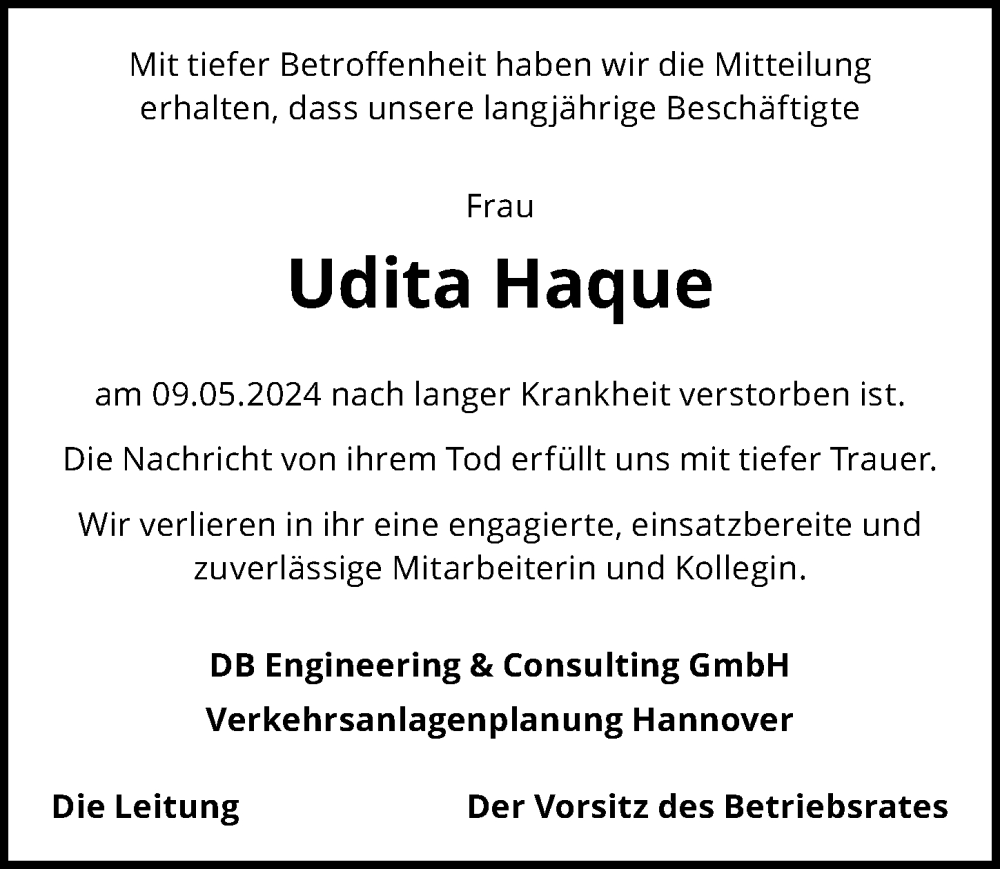  Traueranzeige für Udita Haque vom 22.05.2024 aus Hannoversche Allgemeine Zeitung/Neue Presse