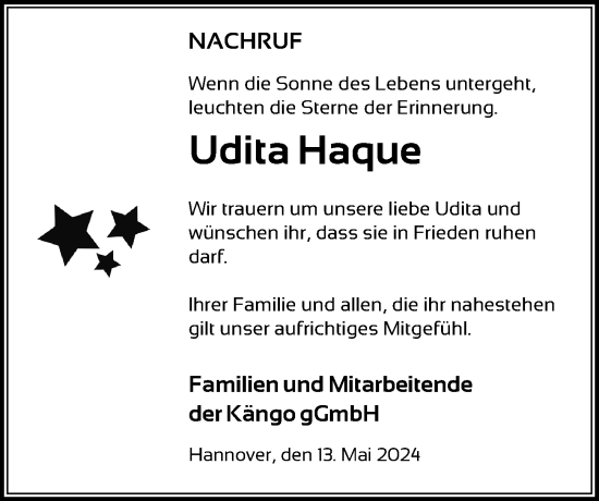 Traueranzeige von Udita Haque von Hannoversche Allgemeine Zeitung/Neue Presse