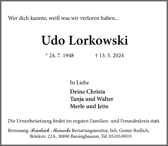 Traueranzeige von Udo Lorkowski von Hannoversche Allgemeine Zeitung/Neue Presse