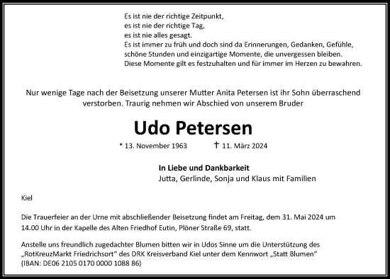 Traueranzeige von Udo Petersen von Kieler Nachrichten