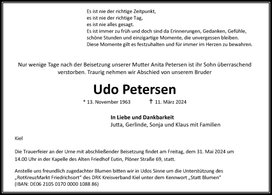 Traueranzeige von Udo Petersen von Lübecker Nachrichten