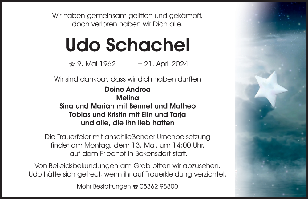  Traueranzeige für Udo Schachel vom 04.05.2024 aus Aller Zeitung