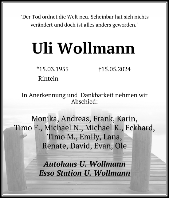 Traueranzeige von Uli Wollmann von Schaumburger Nachrichten
