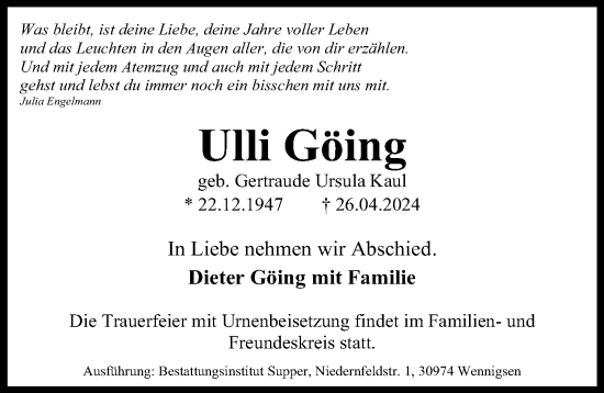Traueranzeige von Ulli Göing von Hannoversche Allgemeine Zeitung/Neue Presse