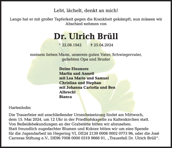 Traueranzeige von Ulrich Brüll von Kieler Nachrichten