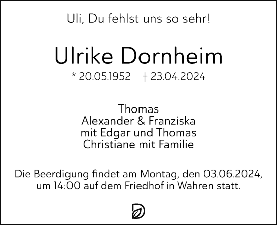 Traueranzeige von Ulrike Dornheim von Leipziger Volkszeitung