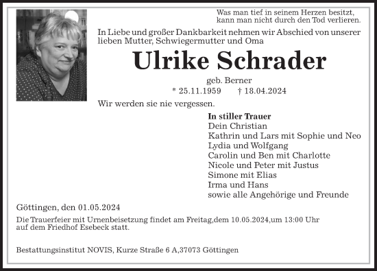 Traueranzeige von Ulrike Schrader von Göttinger Tageblatt