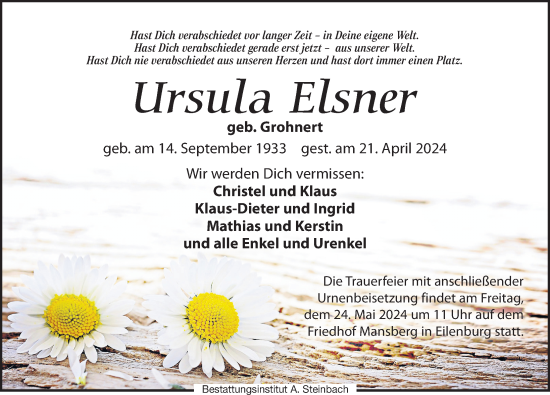 Traueranzeige von Ursula Elsner von Leipziger Volkszeitung