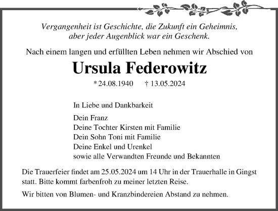 Traueranzeige von Ursula Federowitz von Ostsee-Zeitung GmbH
