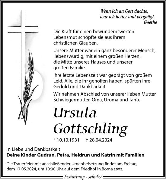 Traueranzeige von Ursula Gottschling von Leipziger Volkszeitung