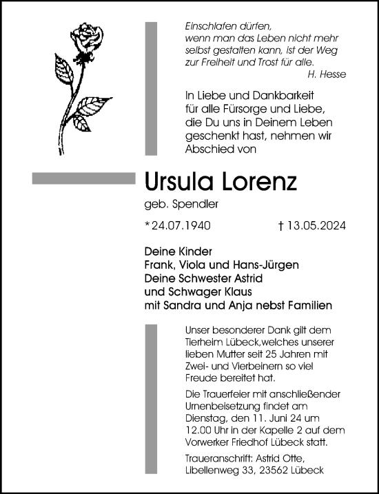 Traueranzeige von Ursula Lorenz von Lübecker Nachrichten