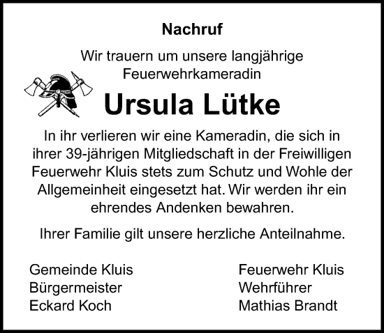 Traueranzeige von Ursula Lütke von Ostsee-Zeitung GmbH