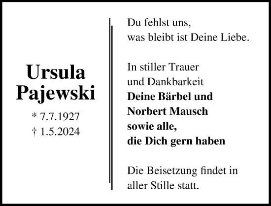 Traueranzeige von Ursula Pajewski von Lübecker Nachrichten