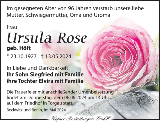 Traueranzeige von Ursula Rose von Torgauer Zeitung