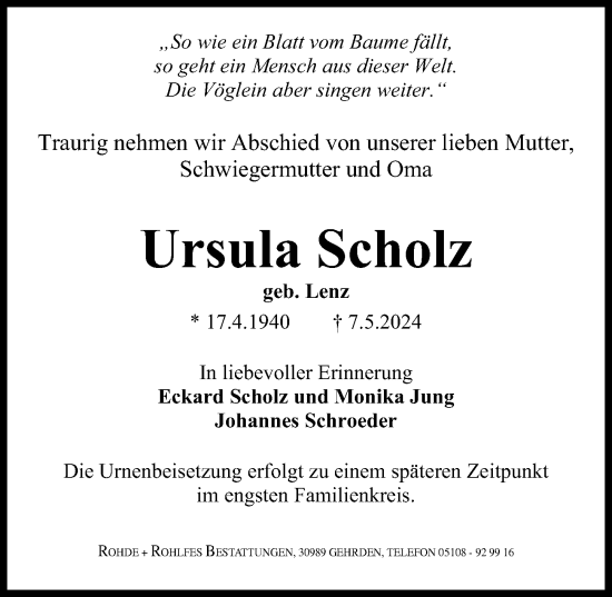 Traueranzeige von Ursula Scholz von Hannoversche Allgemeine Zeitung/Neue Presse