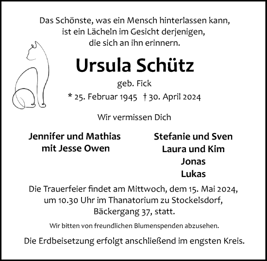 Traueranzeige von Ursula Schütz von Lübecker Nachrichten