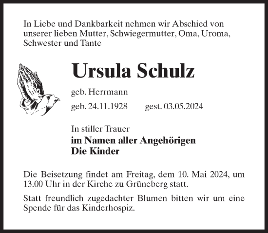 Traueranzeige von Ursula Schulz von Märkischen Allgemeine Zeitung