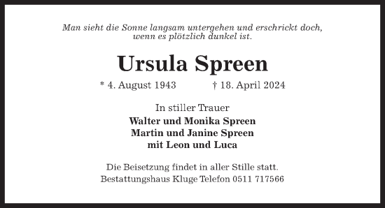 Traueranzeige von Ursula Spreen von Hannoversche Allgemeine Zeitung/Neue Presse